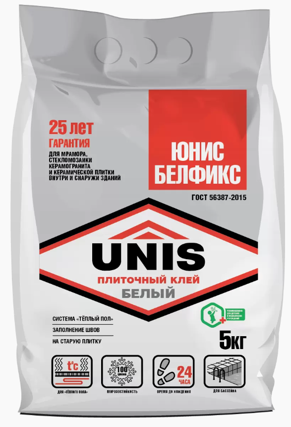 Клей для плитки, мозаики UNIS Белфикс белый (С1), 5кг