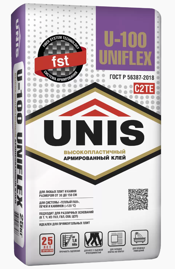 Клей для плитки,керамогранита и камня, эластич. UNIS U-100 Uniflex (С2), 25кг