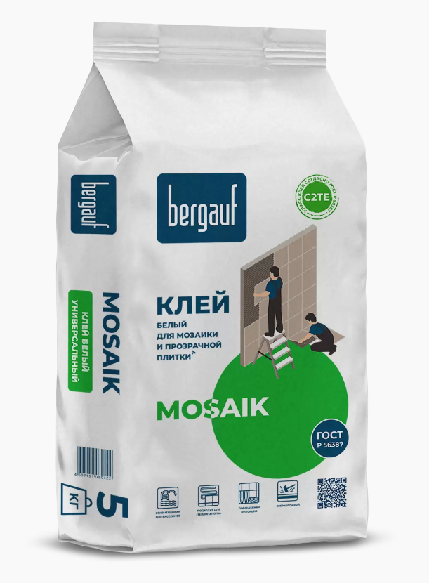 Клей для плитки, мозаики и бассейнов BERGAUF MOSAIK (С2), 5кг