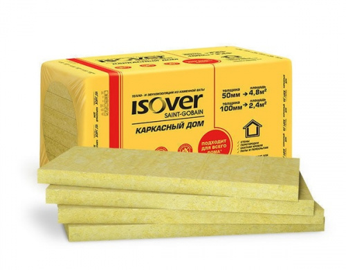 Утеплитель в плитах Изовер Каркасный Дом, 50мм 4,8 м2, 600х1000мм (8 плит, 0,24 куб.м)