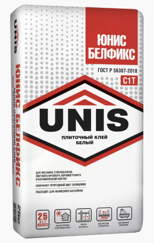 Клей для плитки и мозаики UNIS Белфикс белый (С1), 25кг