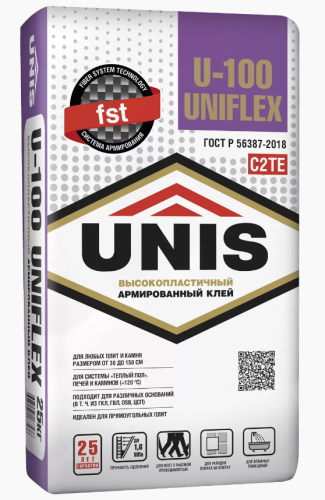 Клей для плитки,керамогранита и камня, эластич. UNIS U-100 Uniflex (С2), 25кг
